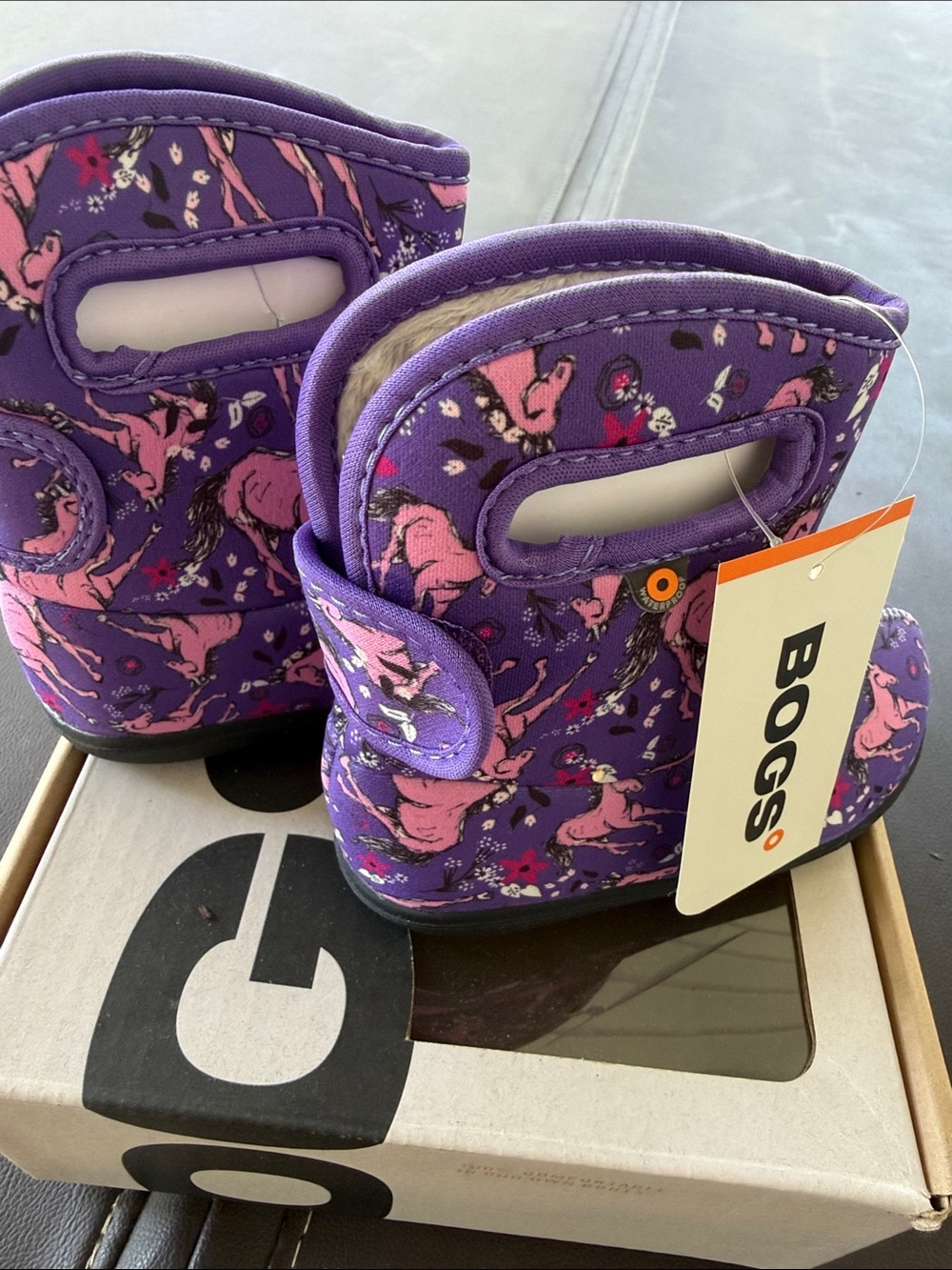 Bogs Kids Purple and Pink Horse Print Rain Boots - Picture 2 of 4